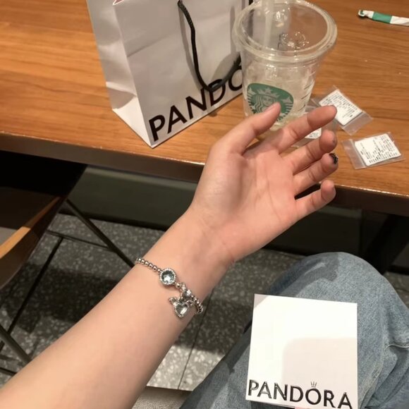 Pandora Silver Beaded Bracelet with Blue Crystal & Heart Angel Charm - Picture 5 of 5